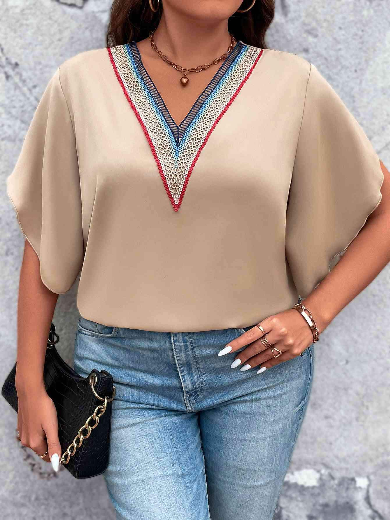 Plus Size V-Neck Flutter Sleeve Blouse Tan Blouses - Tophatter Daily Deals