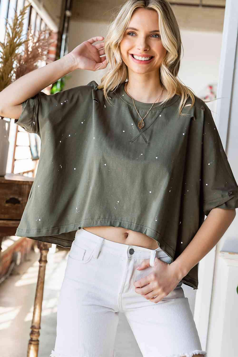 Distressed Asymmetric Hem Cropped Tee Shirt Women's T-Shirts - Tophatter Daily Deals