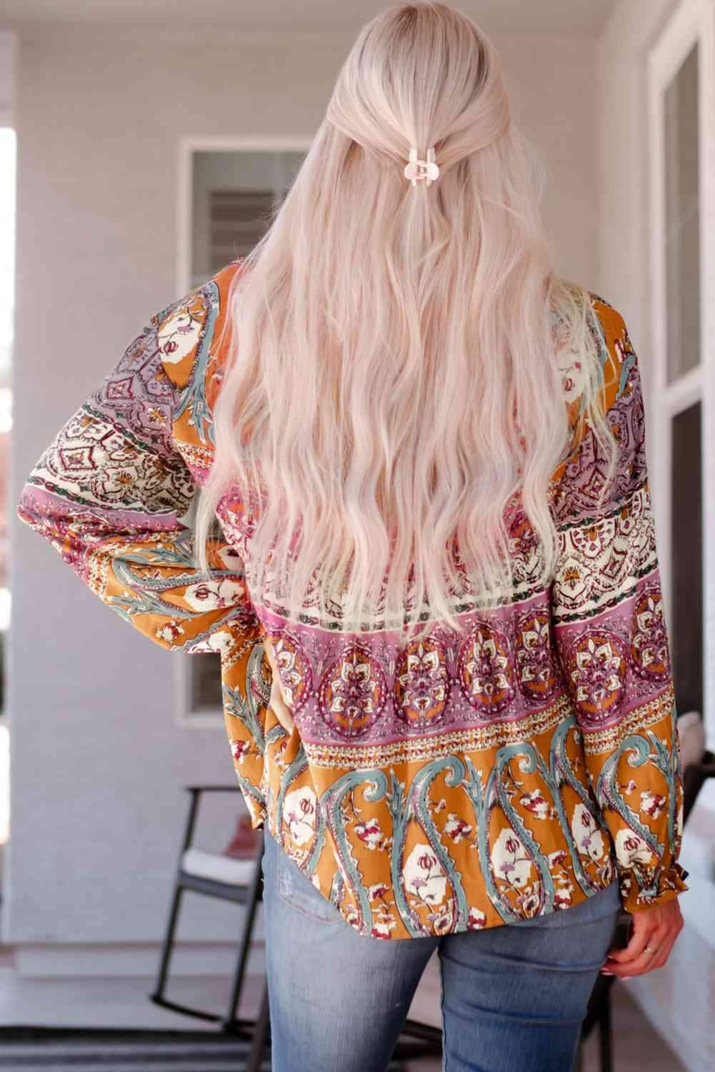 Bohemian Long Flounce Sleeve V-Neck Blouse Blouses - Tophatter Daily Deals