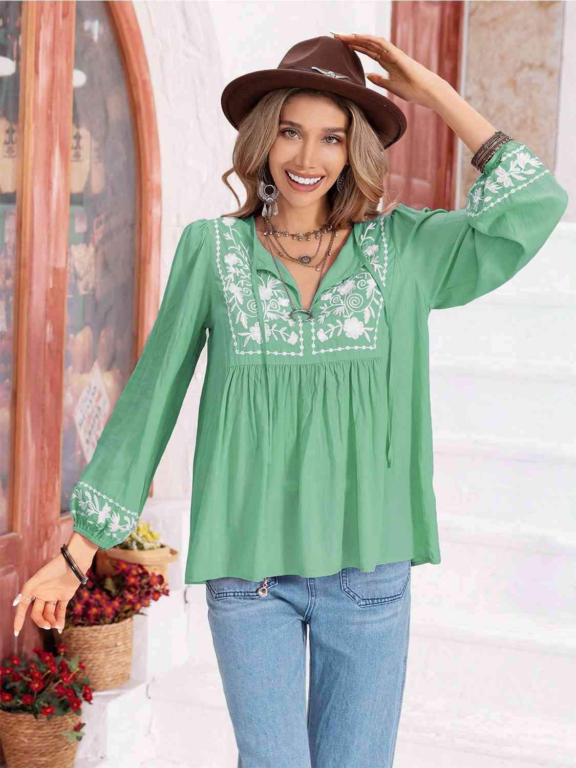 Floral Tie Neck Balloon Sleeve Blouse Blouses - Tophatter Daily Deals