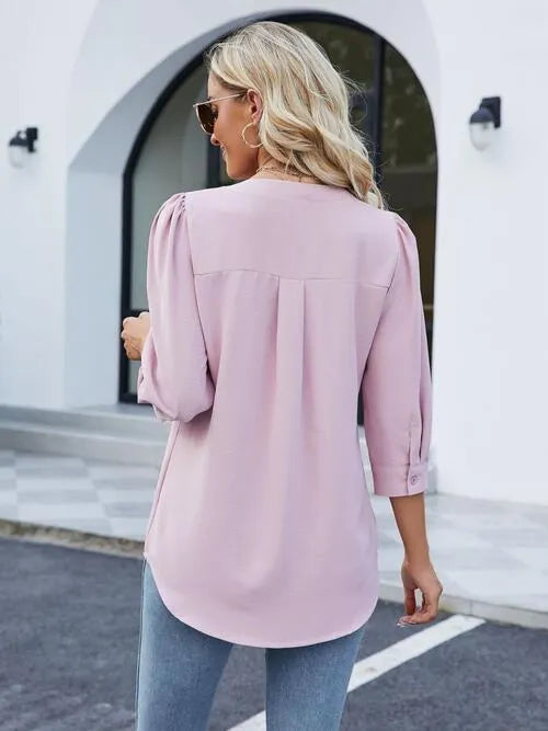 Notched Puff Sleeve Blouse Blouses - Tophatter Daily Deals