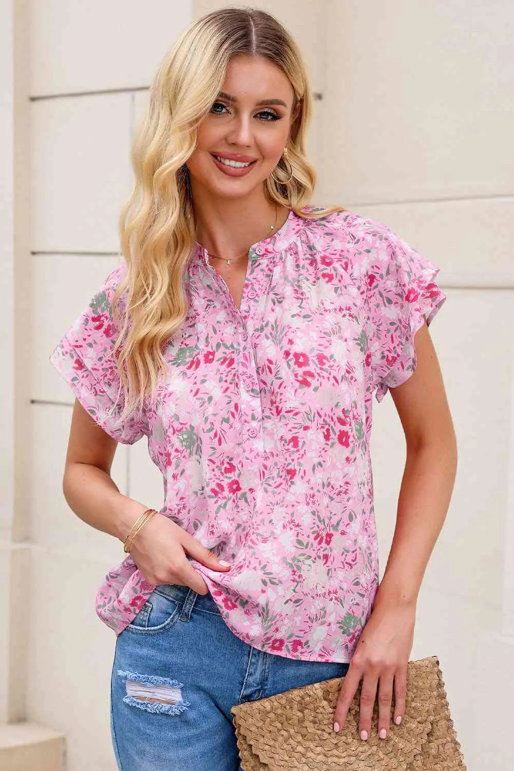 Floral Half-Button Flutter Sleeve Blouse Blush Pink Blouses - Tophatter Daily Deals