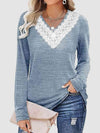 Lace Detail V-Neck Long Sleeve Top Misty Blue Women's T-Shirts - Tophatter Daily Deals