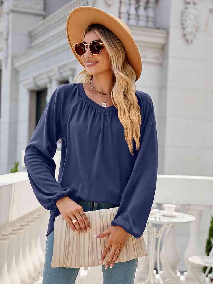 V-Neck Long Sleeve Blouse Blouses - Tophatter Daily Deals