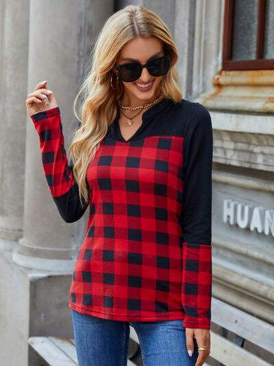 Plaid Notched Long Sleeve T-Shirt Scarlet Women's T-Shirts - Tophatter Daily Deals