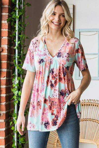 Heimish Full Size Floral V-Neck Short Sleeve Babydoll Blouse Blouses - Tophatter Daily Deals