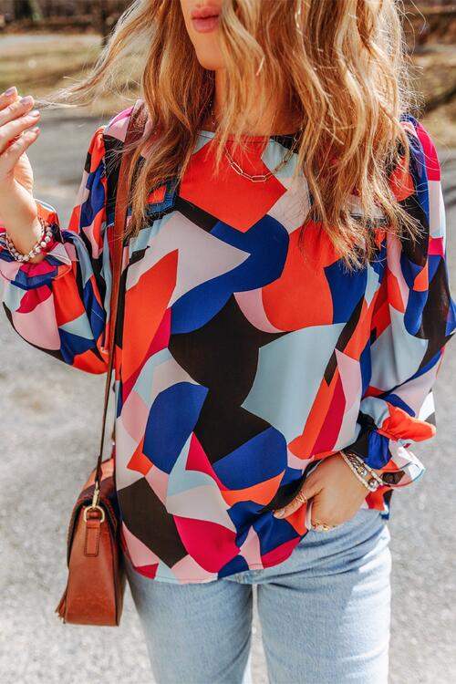 Abstract Pattern Crewneck Ruffled Puff Sleeve Blouse Blouses - Tophatter Daily Deals