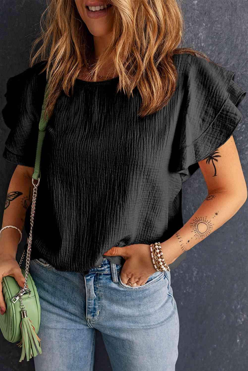 Textured Flutter Sleeve Keyhole Blouse Blouses - Tophatter Daily Deals