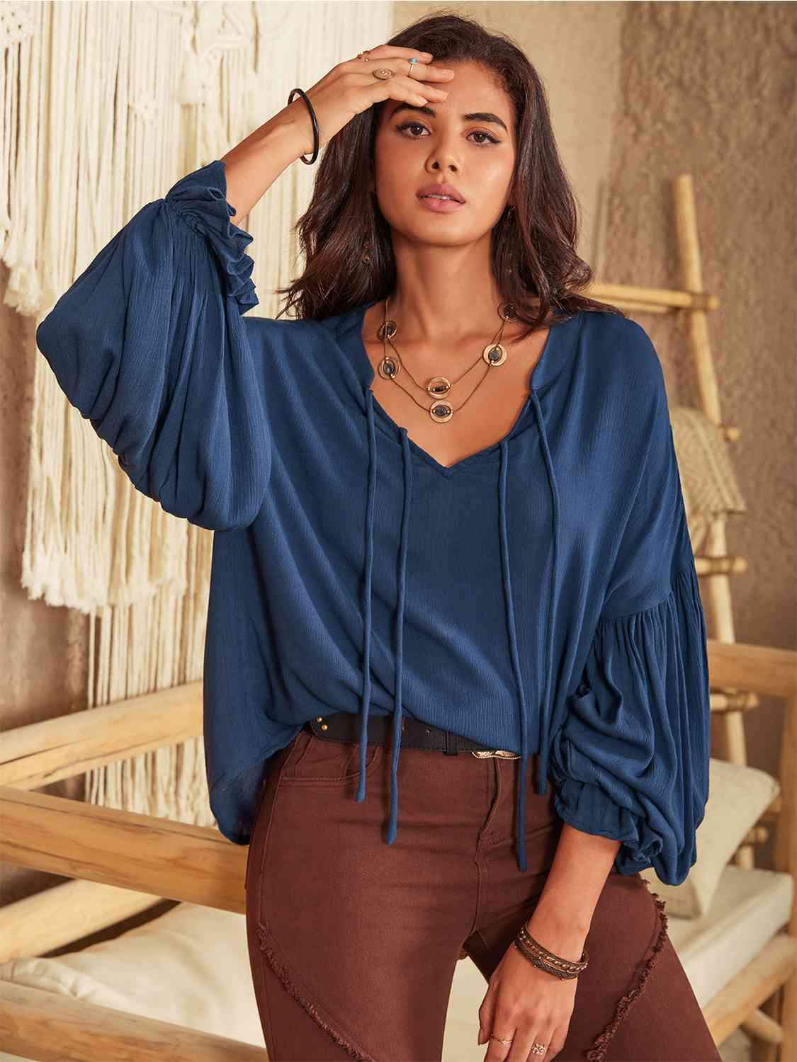 Tie Neck Long Sleeve Blouse Peacock Blue Blouses - Tophatter Daily Deals