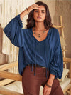 Tie Neck Long Sleeve Blouse Peacock Blue Blouses - Tophatter Daily Deals