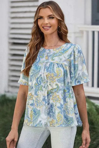 Printed Round Neck Short Sleeve Blouse Blouses - Tophatter Daily Deals