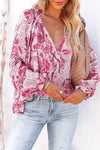 Floral Tie Neck Flounce Sleeve Blouse Cerise Blouses - Tophatter Daily Deals