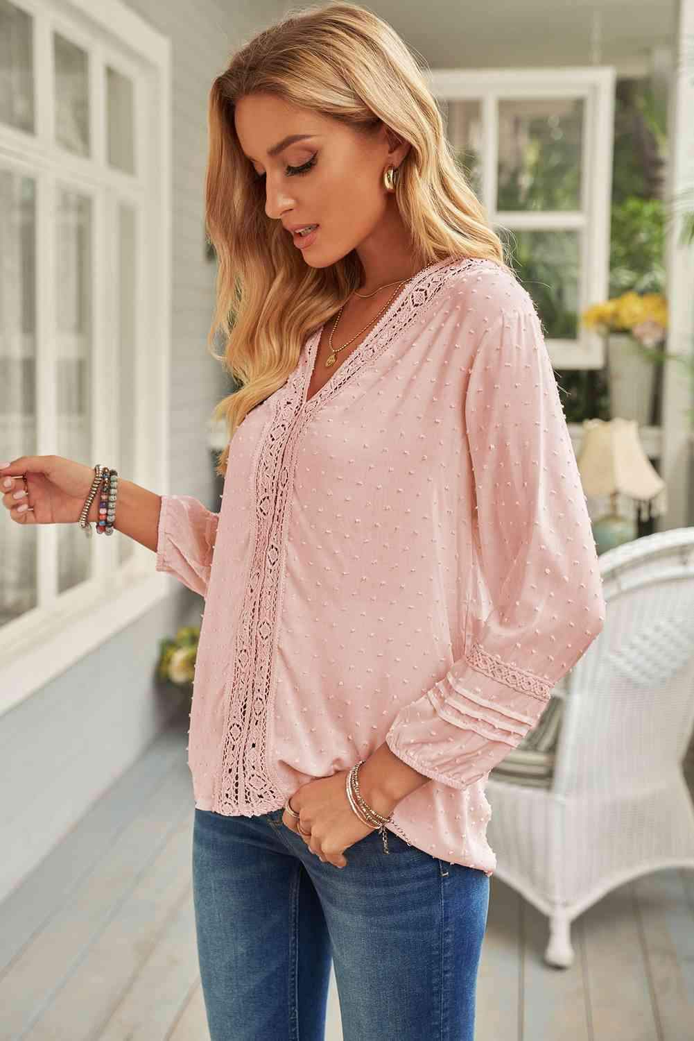 Swiss Dot Three-Quarter Sleeve Spliced Lace Blouse Blouses - Tophatter Daily Deals