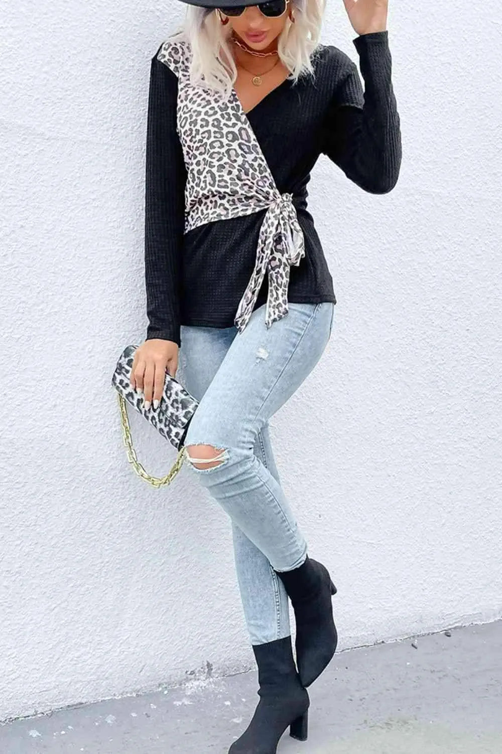 Leopard Waffle-Knit Tied Top Blouses - Tophatter Daily Deals