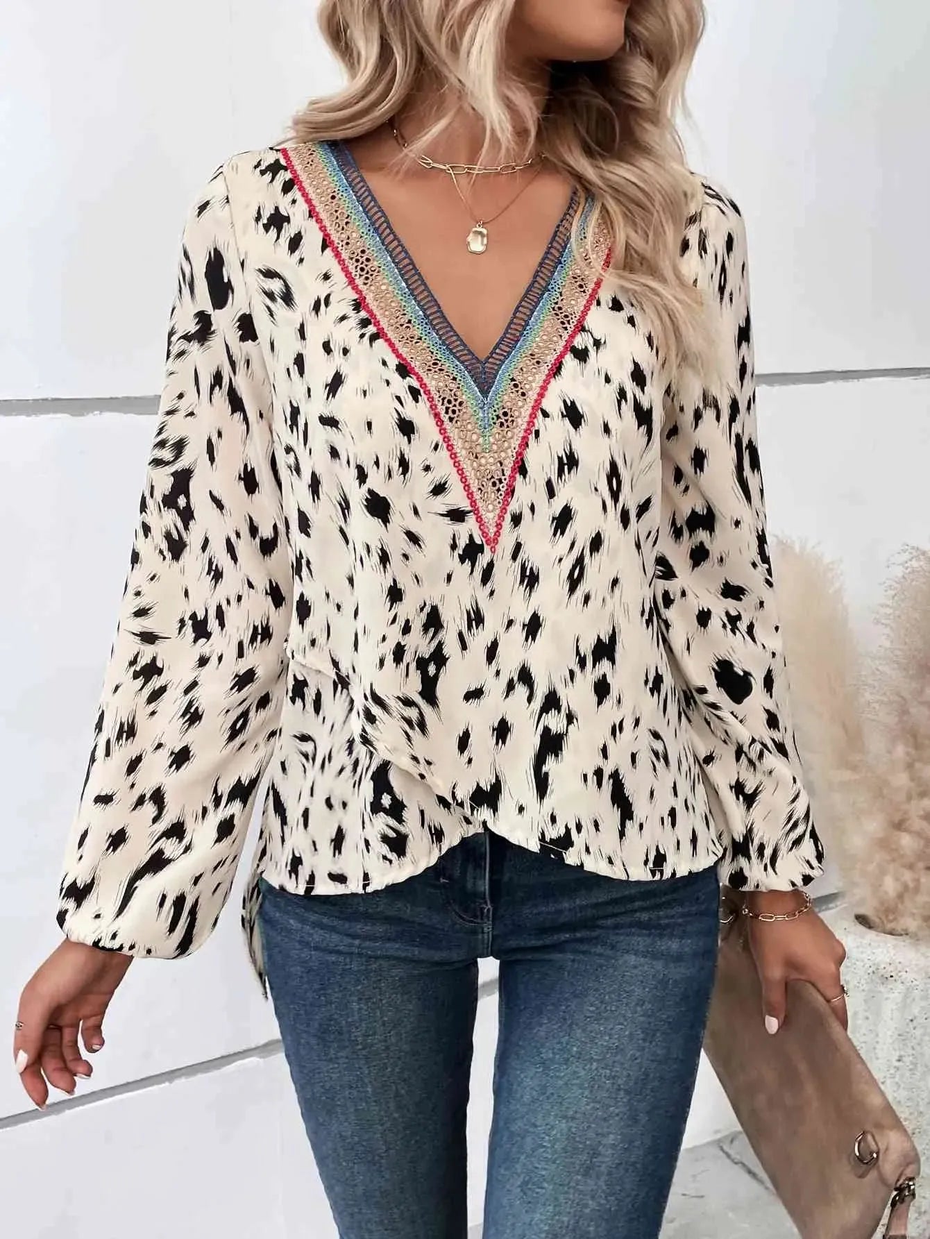 Printed V-Neck Long Sleeve Blouse Blouses - Tophatter Daily Deals