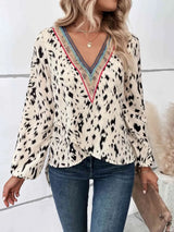Printed V-Neck Long Sleeve Blouse Blouses - Tophatter Daily Deals