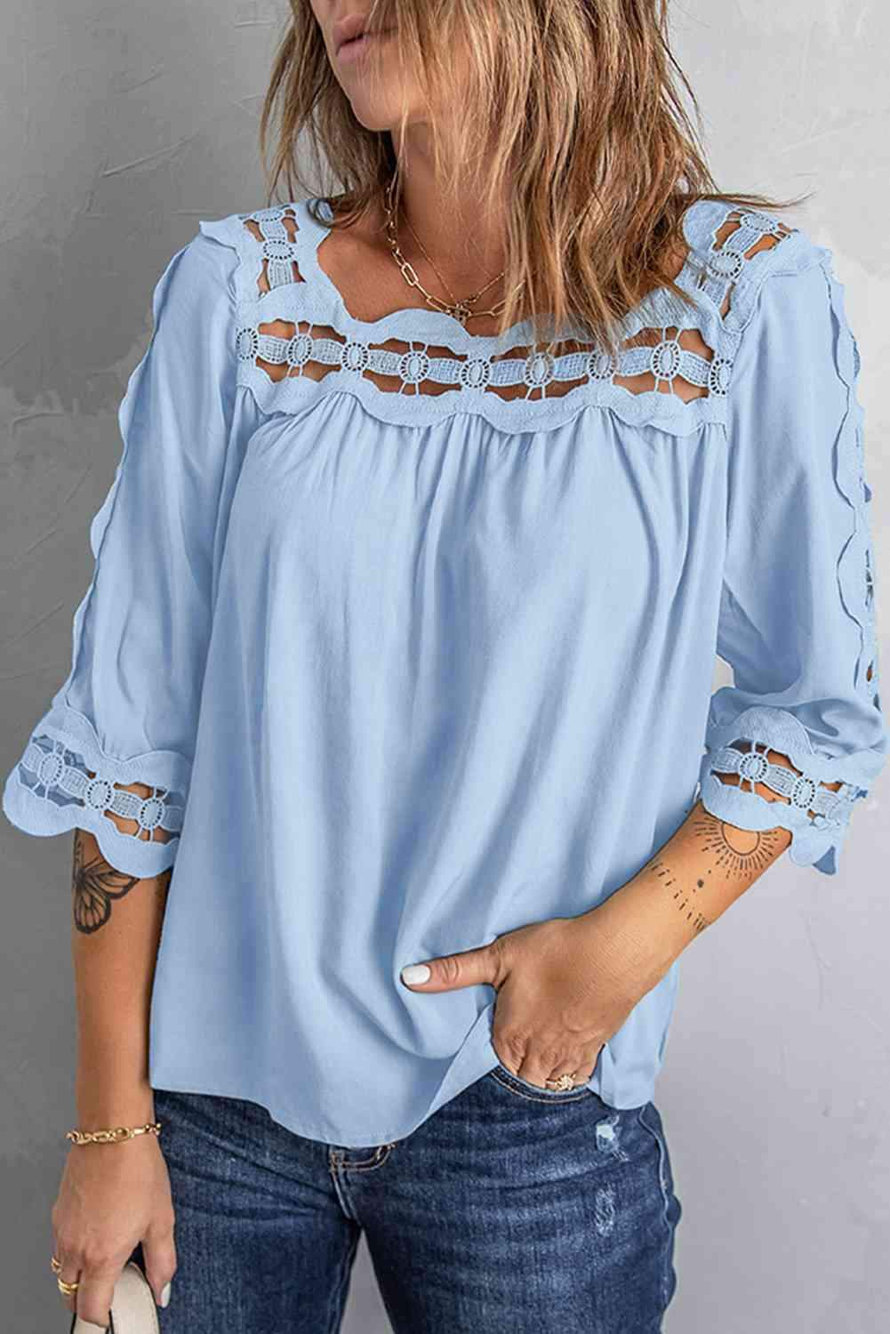 Crochet Openwork Three-Quarter Sleeve Blouse Blouses - Tophatter Daily Deals