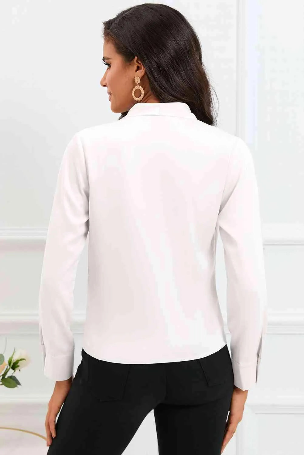 V-Neck Buttoned Long Sleeve Blouse Blouses - Tophatter Daily Deals