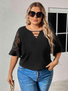 Plus Size Cutout Round Neck Spliced Lace Flounce Sleeve Blouse Black Blouses - Tophatter Daily Deals