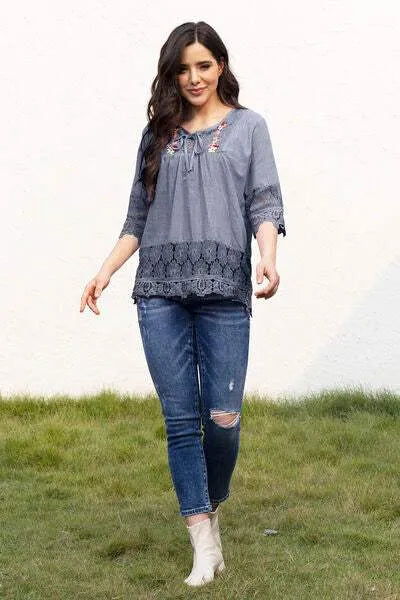 Tie Neck Lace Detail Half Sleeve Blouse Blouses - Tophatter Daily Deals