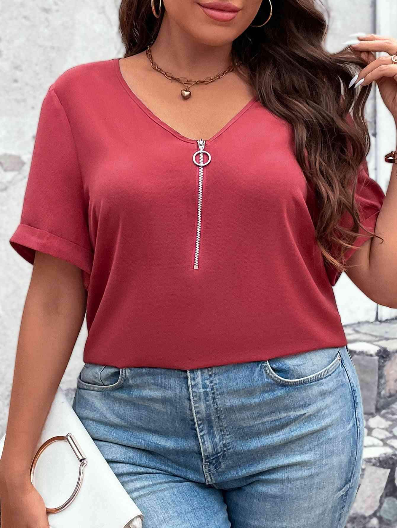 Plus Size V-Neck Short Sleeve Blouse with Zipper Blouses - Tophatter Daily Deals