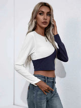 Cropped Contrast Color Round Neck Short Sleeve Tee Women's T-Shirts - Tophatter Daily Deals