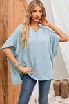 Double Take Full Size Round Neck Ribbed Slit Tunic Top Pastel Blue Blouses - Tophatter Daily Deals