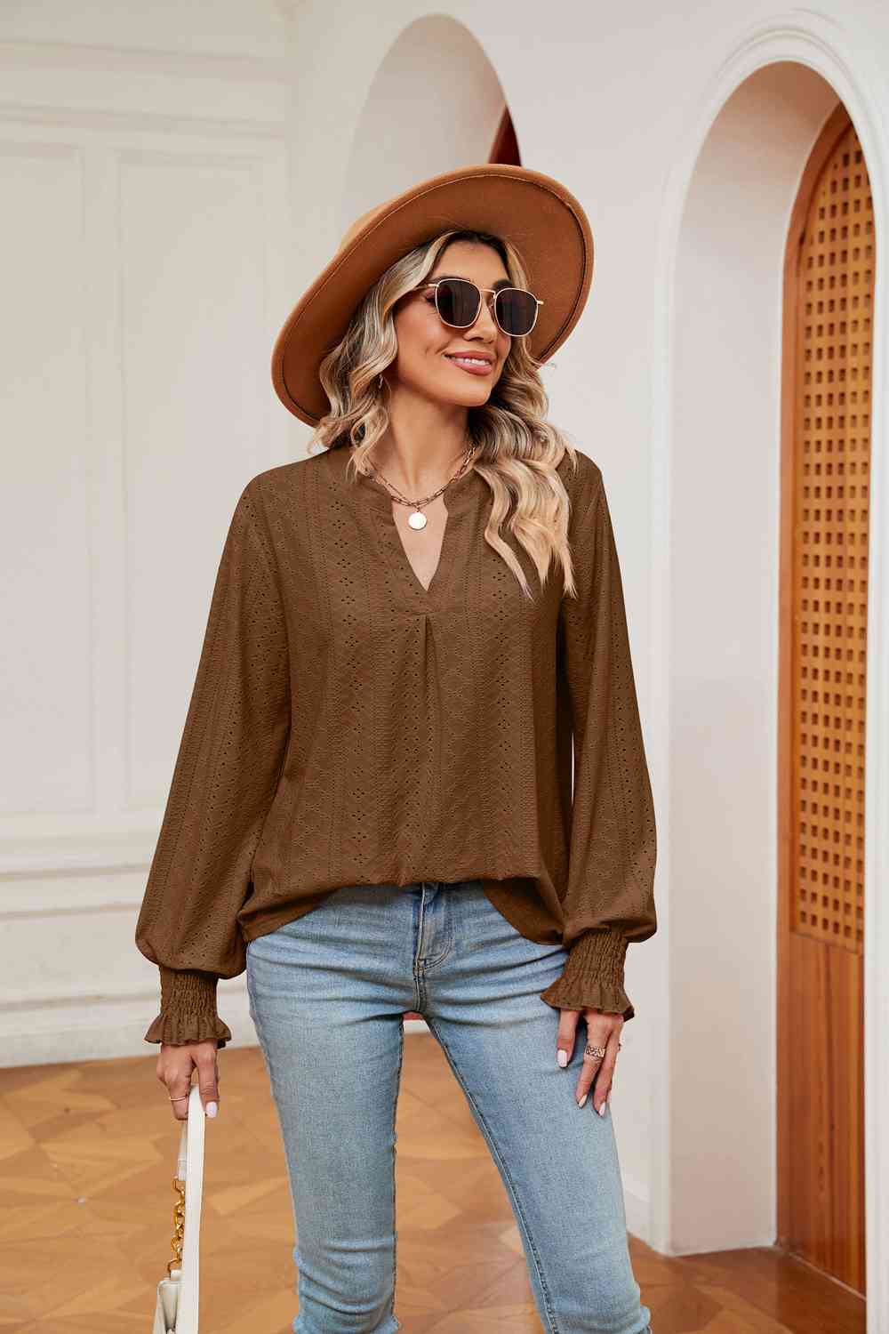 Notched Neck Flounce Sleeve Blouse - Tophatter Deals