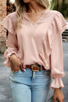 Crochet V-Neck Ruffle Trim Blouse Blush Pink Blouses - Tophatter Daily Deals