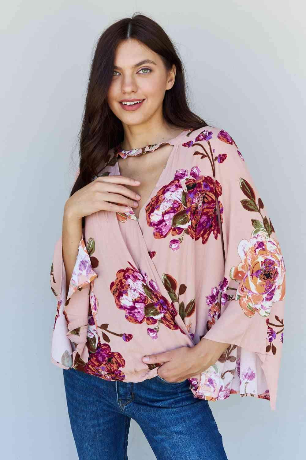 ODDI Full Size Floral Bell Sleeve Crepe Top Blouses - Tophatter Daily Deals