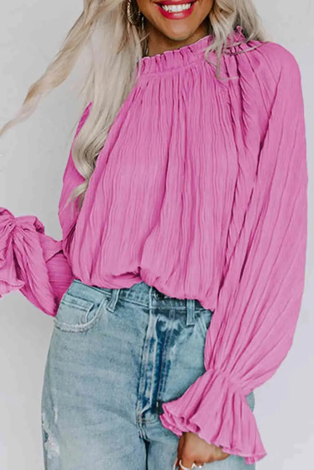 Round Neck Flounce Sleeve Blouse Blouses - Tophatter Daily Deals