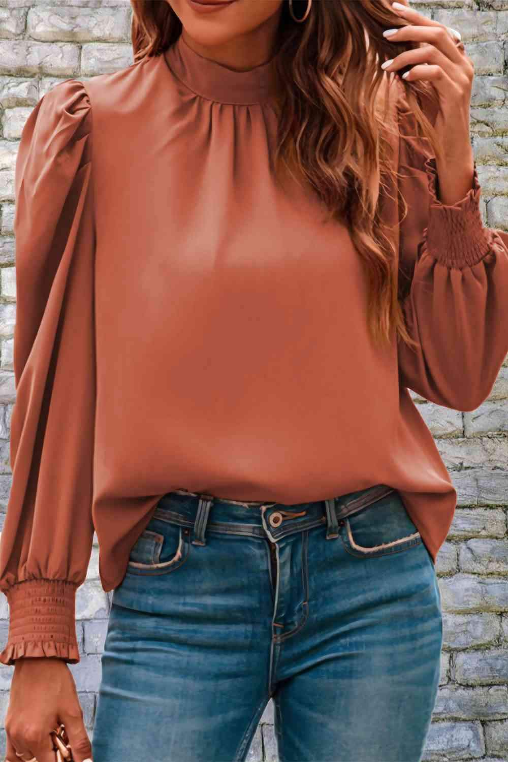 Mock Neck Puff Sleeve Blouse Ochre Blouses - Tophatter Daily Deals