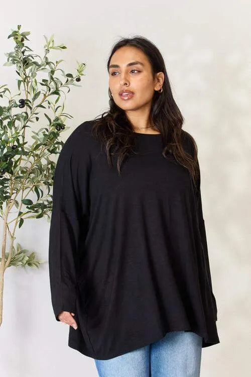 Zenana Full Size Round Neck Long Sleeve Top with Pocket Blouses - Tophatter Daily Deals