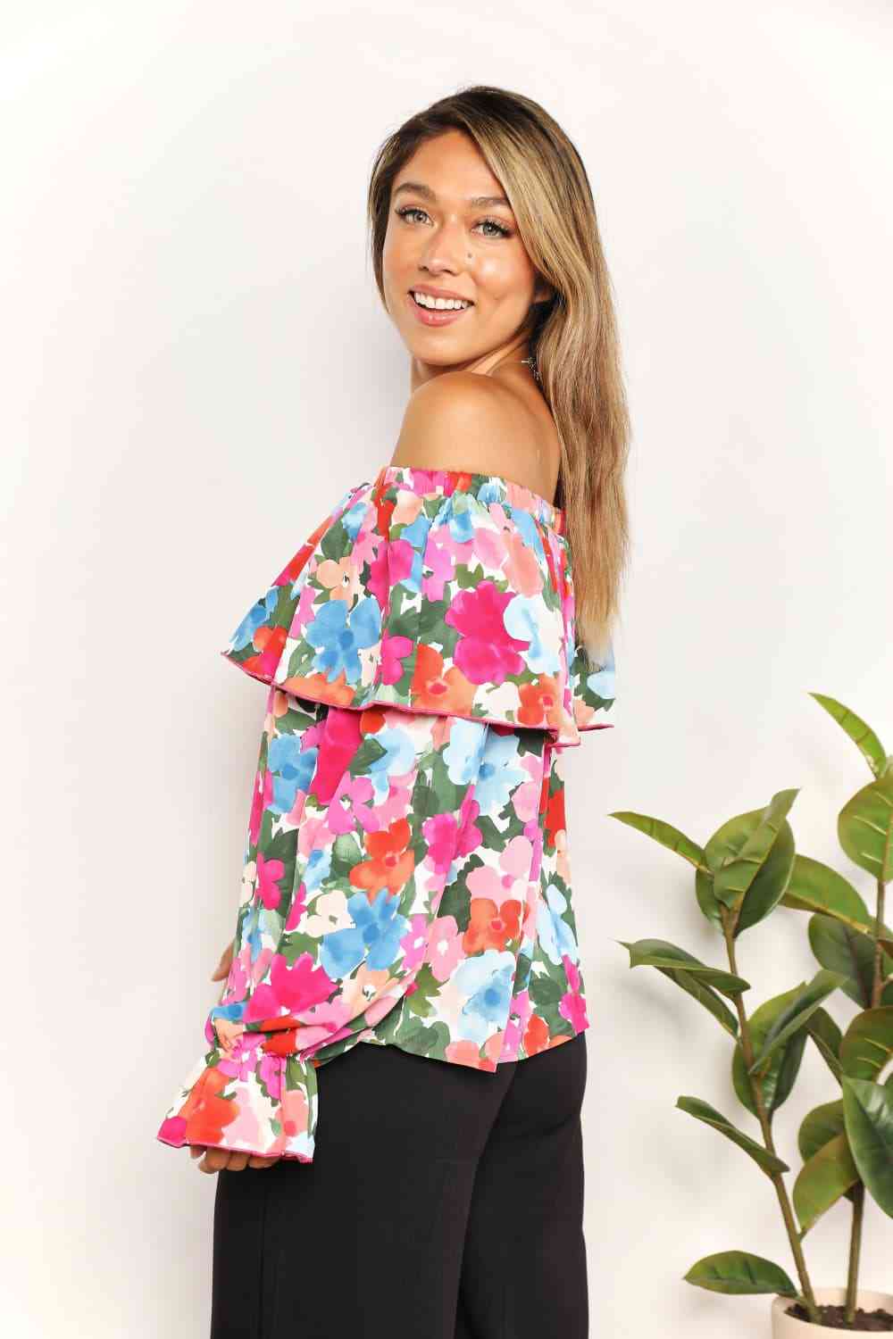 Double Take Floral Off-Shoulder Flounce Sleeve Layered Blouse - Tophatter Deals