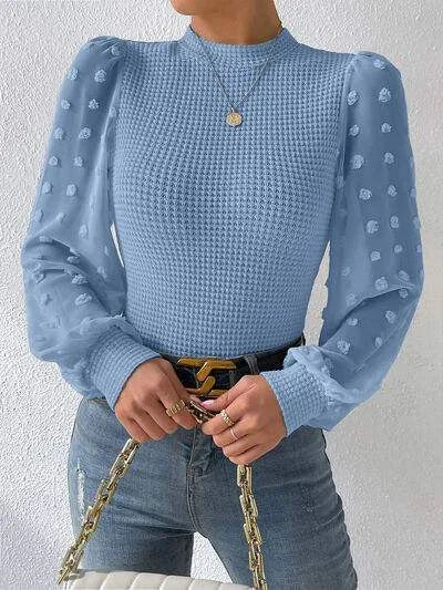 Swiss Dot Waffle-Knit Lantern Sleeve T-Shirt Women's T-Shirts - Tophatter Daily Deals