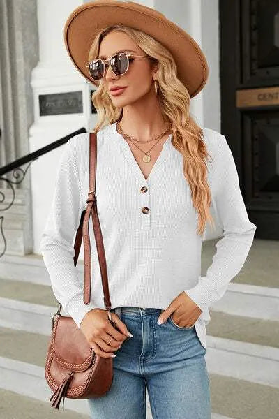 Waffle-Knit Notched Long Sleeve T-Shirt Women's T-Shirts - Tophatter Daily Deals