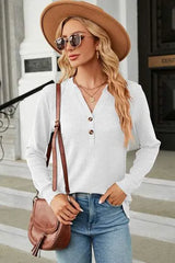 Waffle-Knit Notched Long Sleeve T-Shirt Women's T-Shirts - Tophatter Daily Deals