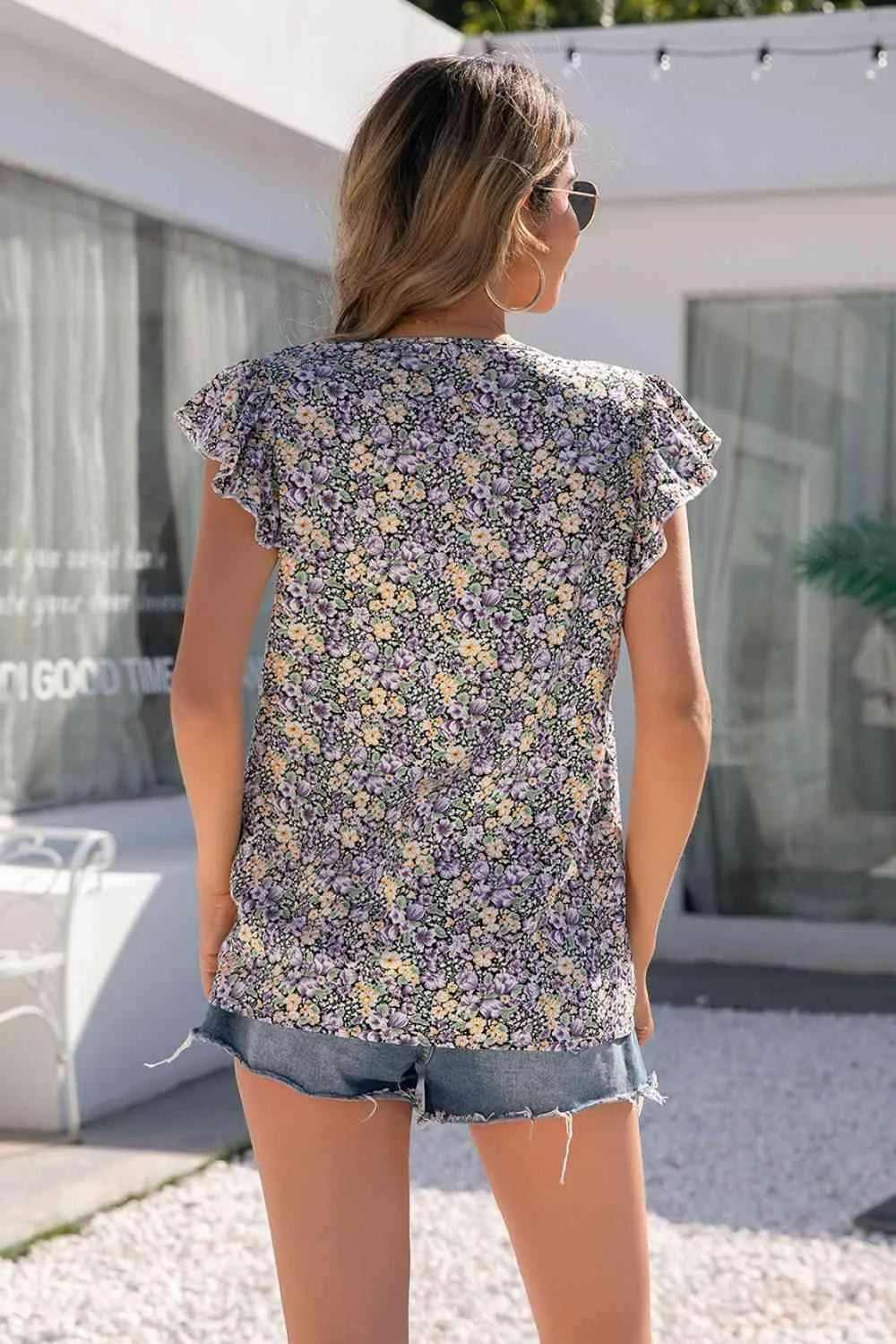 Floral Tie-Neck Flutter Sleeve Top Blouses - Tophatter Daily Deals