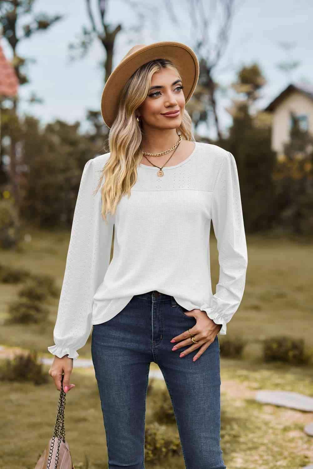 Round Neck Puff Sleeve Blouse Blouses - Tophatter Daily Deals