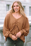 Drawstring Ruched V-Neck Blouse Camel Blouses - Tophatter Daily Deals