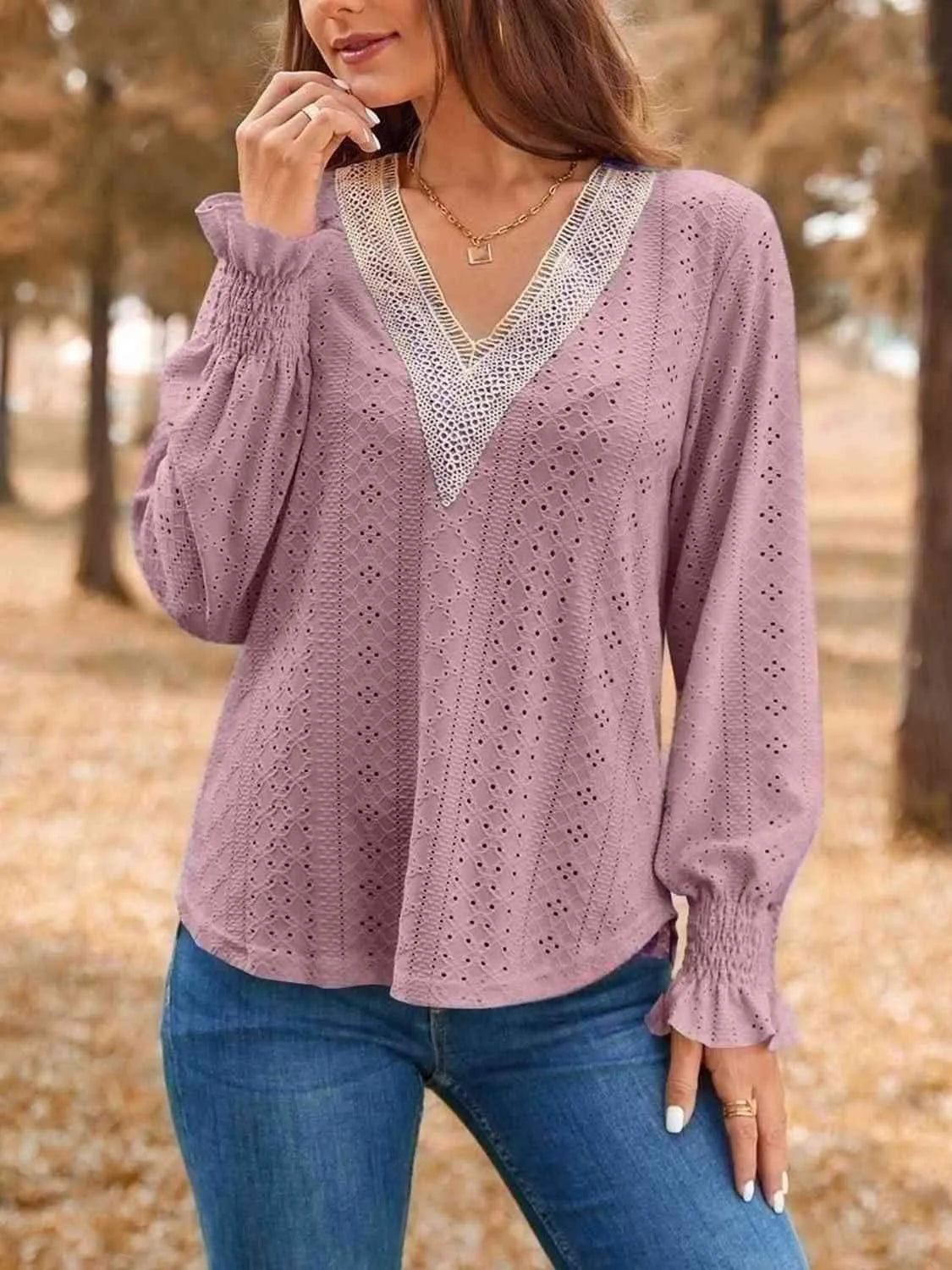 Eyelet V-Neck Flounce Sleeve Top Dusty Pink Blouses - Tophatter Daily Deals