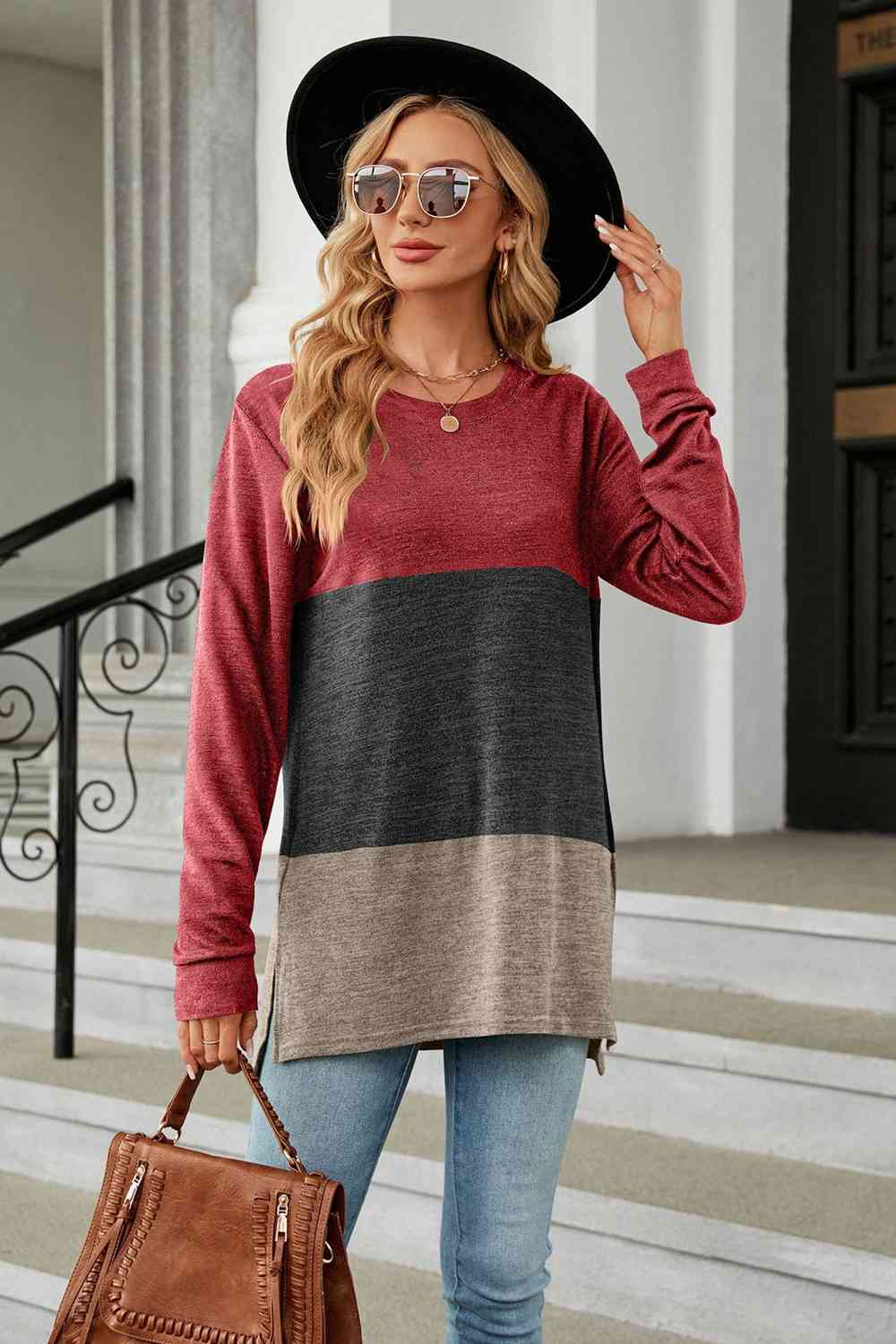 Color Block Round Neck Long Sleeve Slit T-Shirt Deep Red Women's T-Shirts - Tophatter Daily Deals