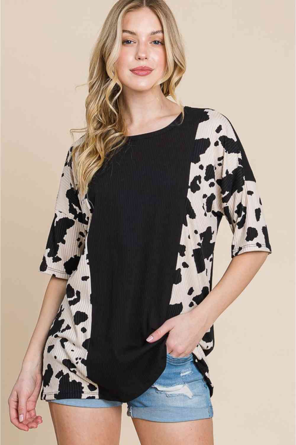 BOMBOM Rodeo Love Ribbed Animal Contrast Tee Black Women's T-Shirts - Tophatter Daily Deals