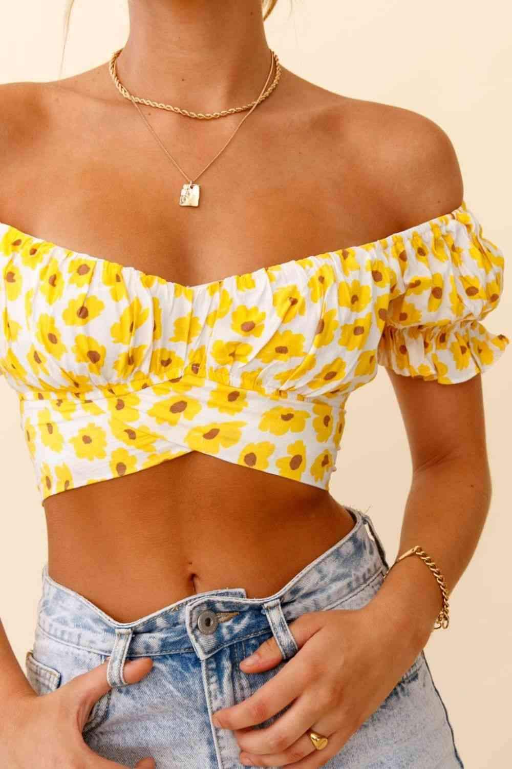 Flower Print Ruffle Trim Off-Shoulder Back Tie Blouse Blouses - Tophatter Daily Deals