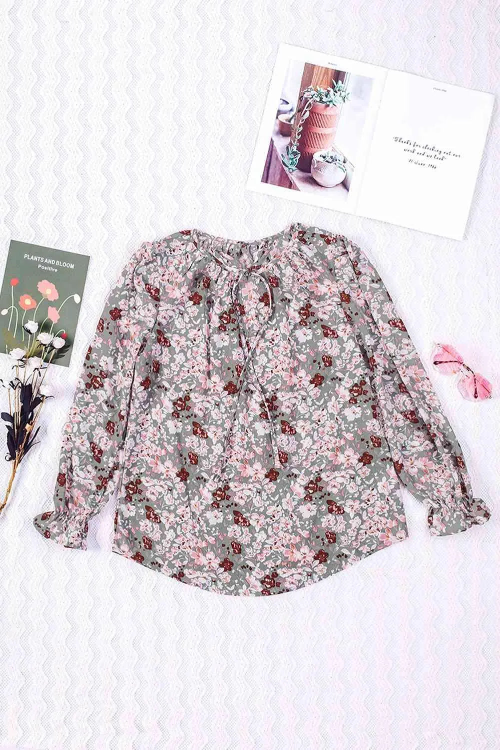 Printed Tie Neck Flounce Sleeve Top Pink Floral Blouses - Tophatter Daily Deals