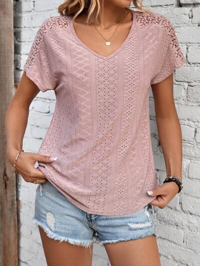 Eyelet V-Neck Short Sleeve T-Shirt Light Mauve Women's T-Shirts - Tophatter Daily Deals