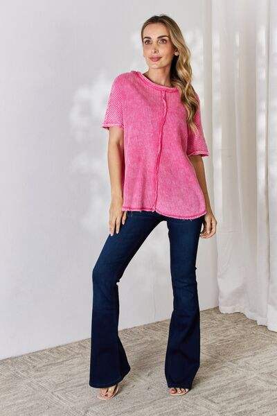 Zenana Oversized Baby Waffle Short Sleeve Top Blouses - Tophatter Daily Deals