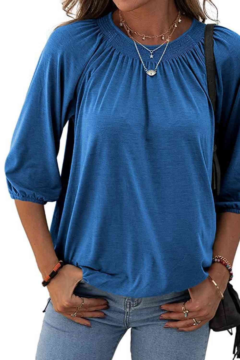 Gathered Detail Round Neck T-Shirt Cobalt Blue Women's T-Shirts - Tophatter Daily Deals