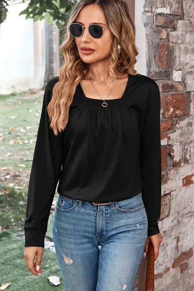 Ruched Square Neck Long Sleeve T-Shirt Black Women's T-Shirts - Tophatter Daily Deals