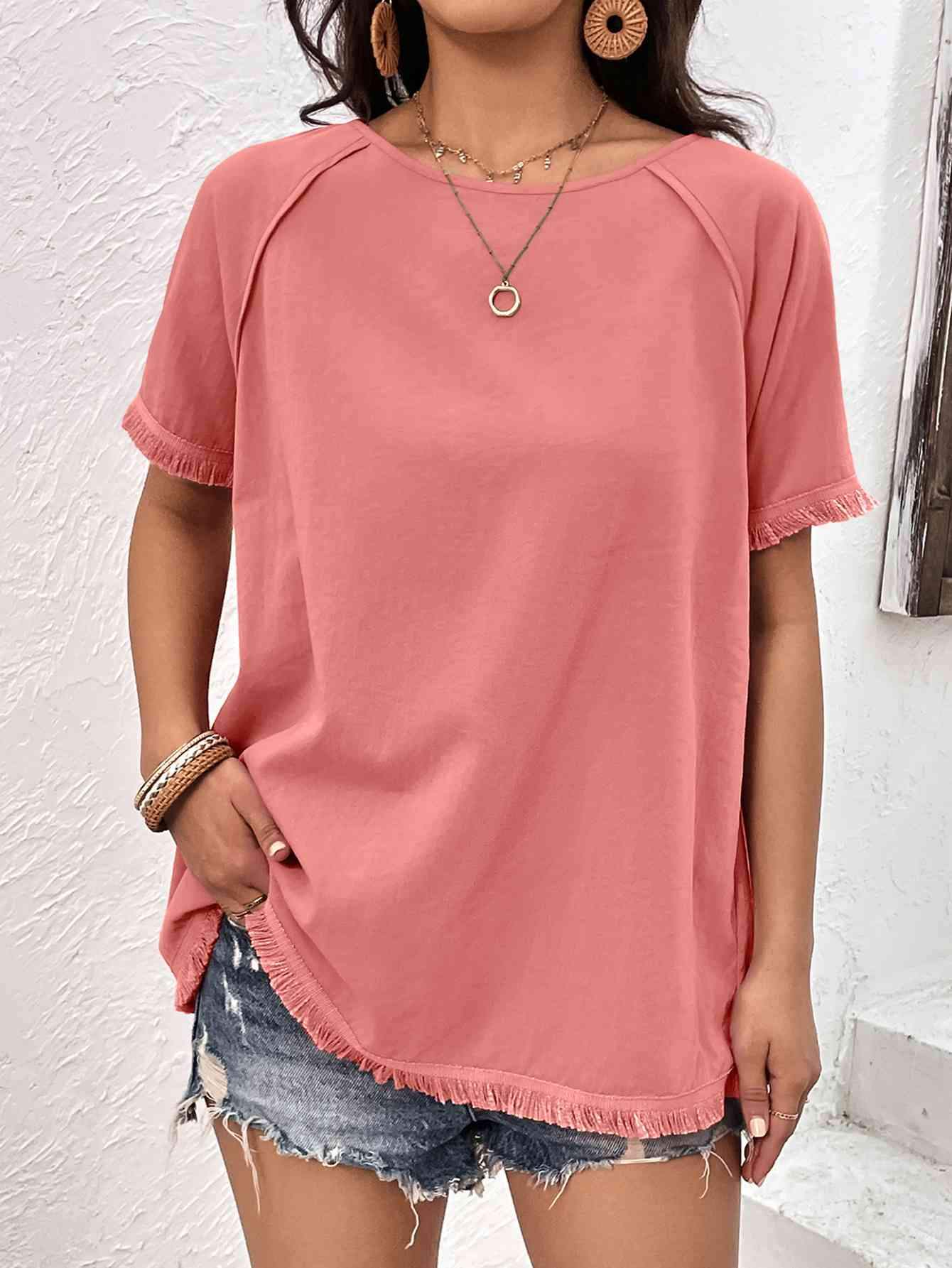 Round Neck Raglan Sleeve Fringe Detail Top Coral Blouses - Tophatter Daily Deals